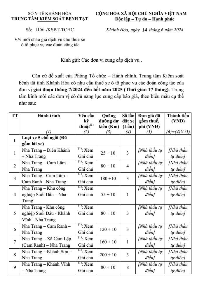 Mời chào giá dịch vụ cho thuê xe ô tô phục vụ các đoàn công tác